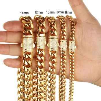 New arrival 6mm-18mm any length 316L stainless steel Miami Curb Cuban chain necklace for men women gift crystal lock