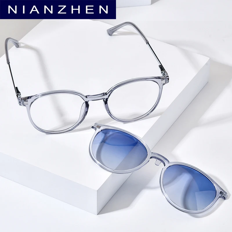 NIANZHEN TR90 Alloy Eyeglasses Frame Men Round Magnet Clip Glasses Gradient Polarized Sun Lens Women Ultralight Eyewear 2186