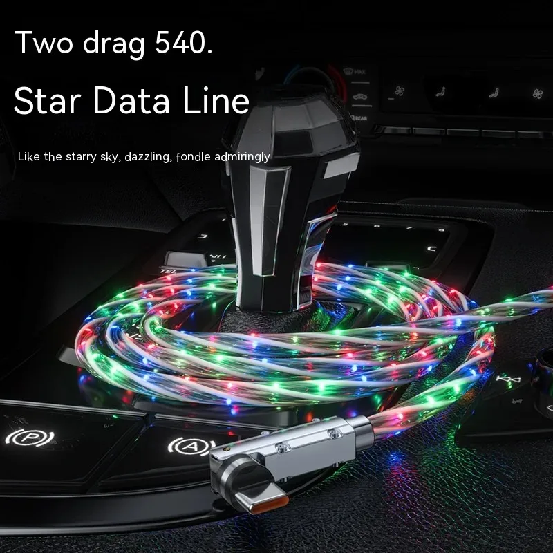 2 in 1 Type C Cable 3A 540 Degree Colorful LED Light Up Charging Cord USB A/C to USB-C PD 66W Shining Fast Phone Charger Cable