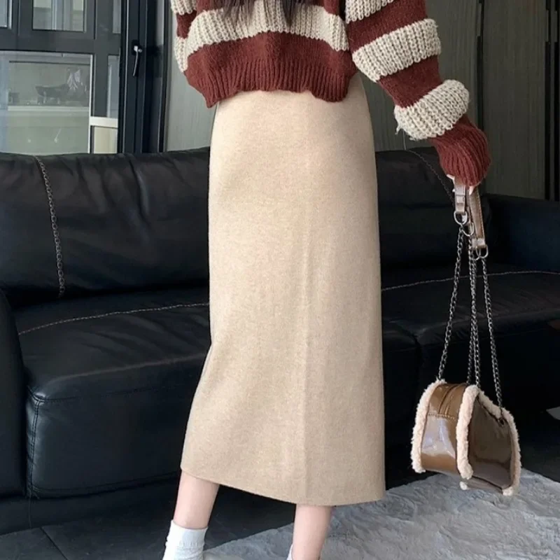 Gestrickte Midi-Röcke für Damen, Herbst und Winter, Seitenschlitz, A-Linie, Faldas, hohe Taille, einfach, Allgleiches, tägliches Temperament, attraktiv, Ulzzang 2024