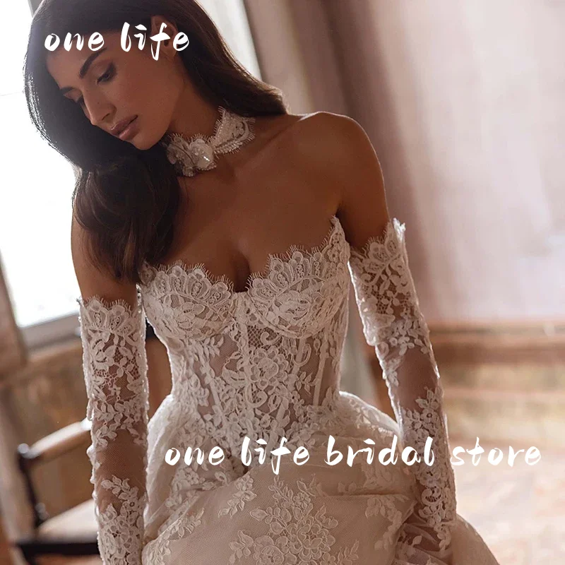 Ol clássico vestido de casamento sem alças mangas completas drapeado trem real renda branca vestido de noiva personalizado luxo robe de mariée