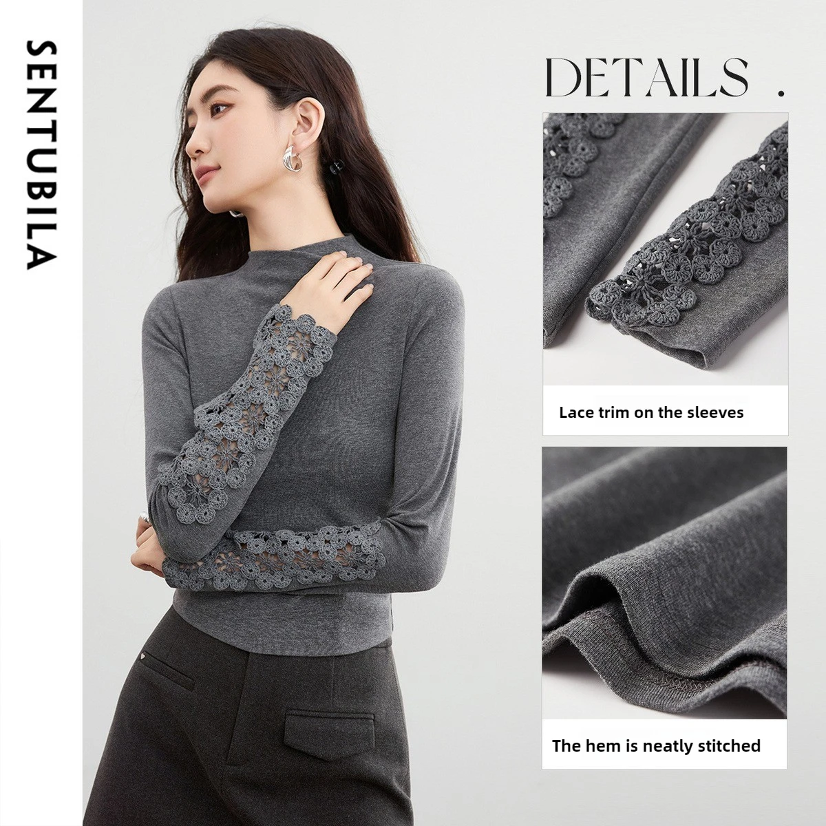 SENTUBILA Women's Knit T-shirt Design-Fitted Sheer Floral Lace Sleeve O-neck Tees 2025 Autumn Simple Slim-fit Tops 153TA3421
