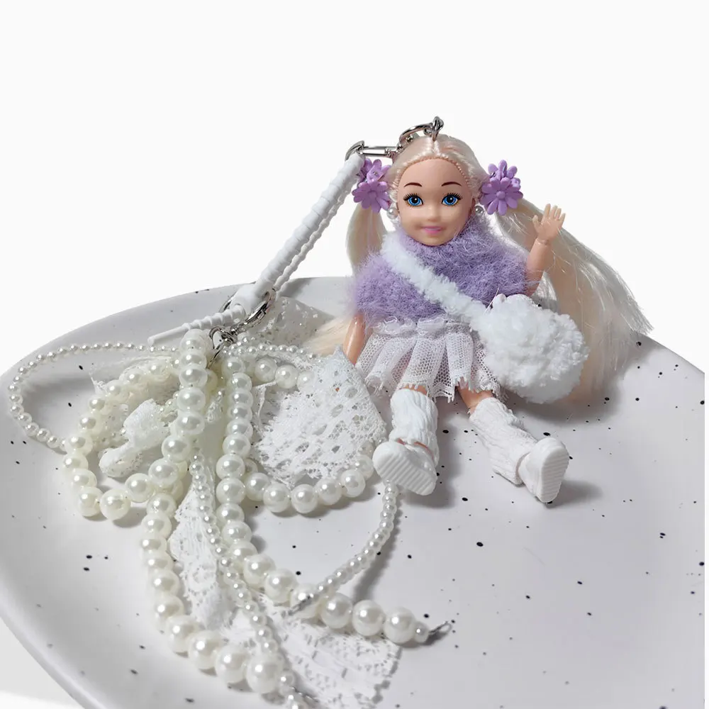 Cute Y2K Balletcore Mini Doll Keychain Purple Fuzzy Top Lace Bow Pearl Chain Bear Bag Phone Charm Aesthetic Gift for Women