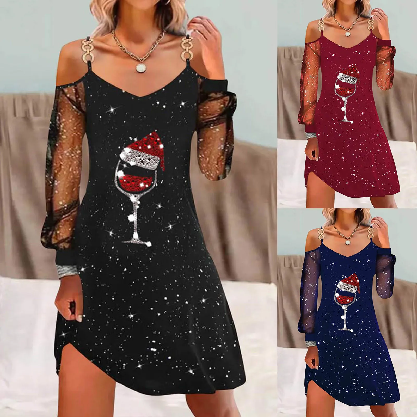 Elegant Christmas Wine Glass Long Sleeve Dress