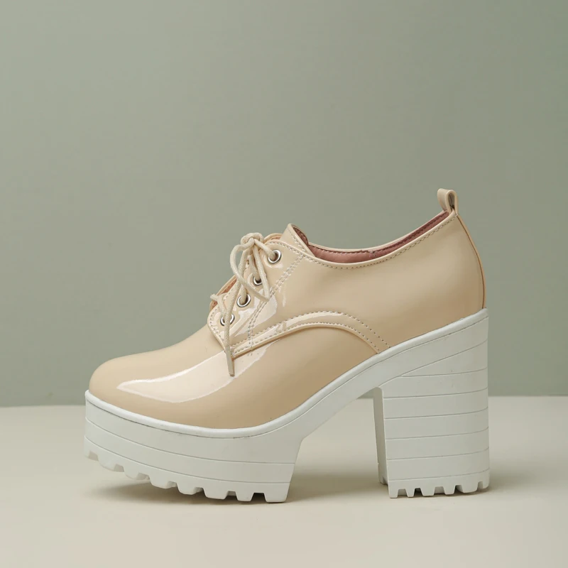 

Яркие женские туфли из лакированной кожи на шнуровке с круглым носком, непромокаемые дышащие лоферы на очень высоком толстом каблуке и платформе