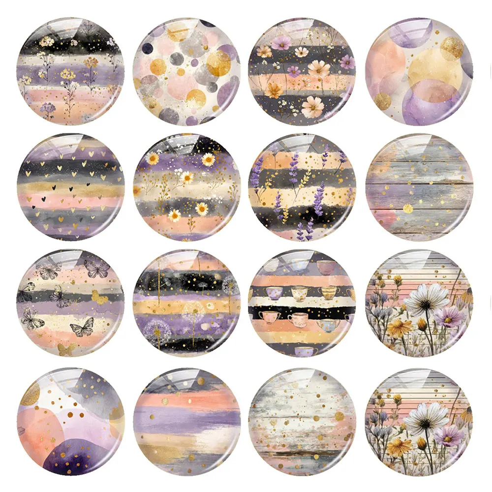 Random Mixed Round/Oval/Square Morandi Stripe Gold Foil Floral Photo Glass Cabochon Flatback Demo Cameo For Diy Jewelry Making