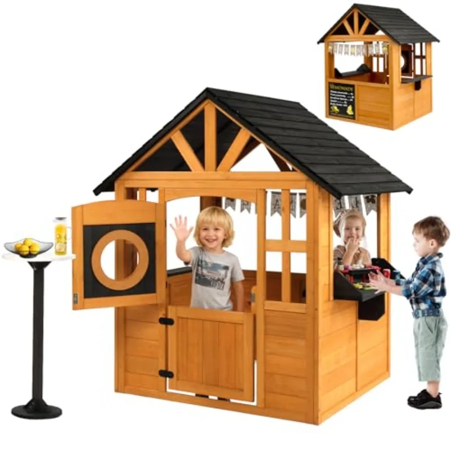 Outdoor Playhouse with Snack Bar, Chalkboard Lemon Banner for Backyard Garden Indoor Outdoor Play, Golden Red, Solid Cedar Wood