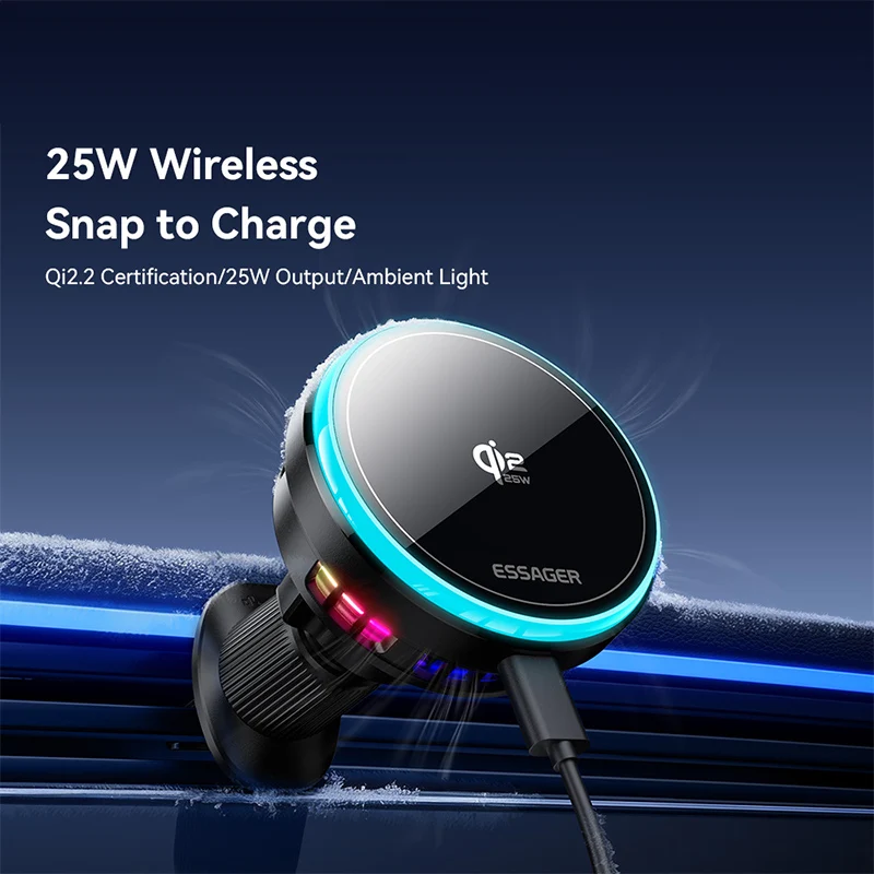 

QI 2.2 Magnetic Wireless Car Charger 22.5W Fast Charging Station for 17 16 15 MacSafe RGB Car Phone Holder Stand