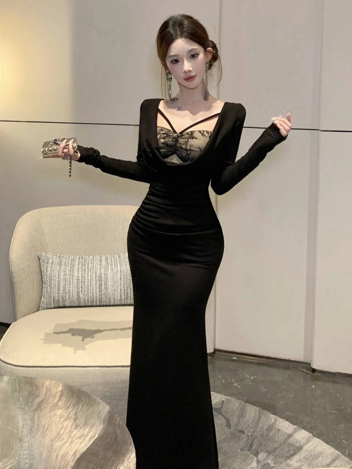 

Сексуальное кружевное облегающее платье из двух частей, женское вечернее платье с застежкой на талии, длинное платье длиной до пола Dr