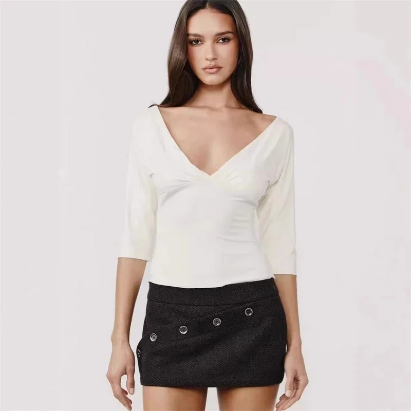 

New French Style V-neck, Mid-sleeve, Waist-cinching, Figure-hugging, Slimming, Basic And Versatile Women's Top.