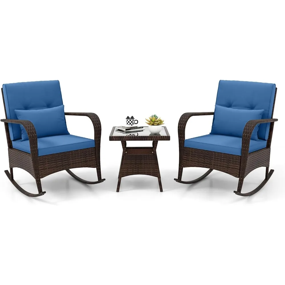 3 Pieces Patio Furniture Set, Outdoor Wicker Rocking Chairs with Cushions, Pillows, Glass Coffee Table, Rattan Bistro