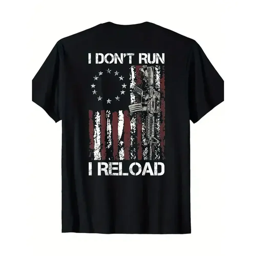 [100% algodón] Camiseta 100% algodón con diseño de la bandera estadounidense para patriotas, diseño 'Don't Run I Reload Gun', manga corta, cuello redondo, camiseta lavable a máquina para hombres y mujeres