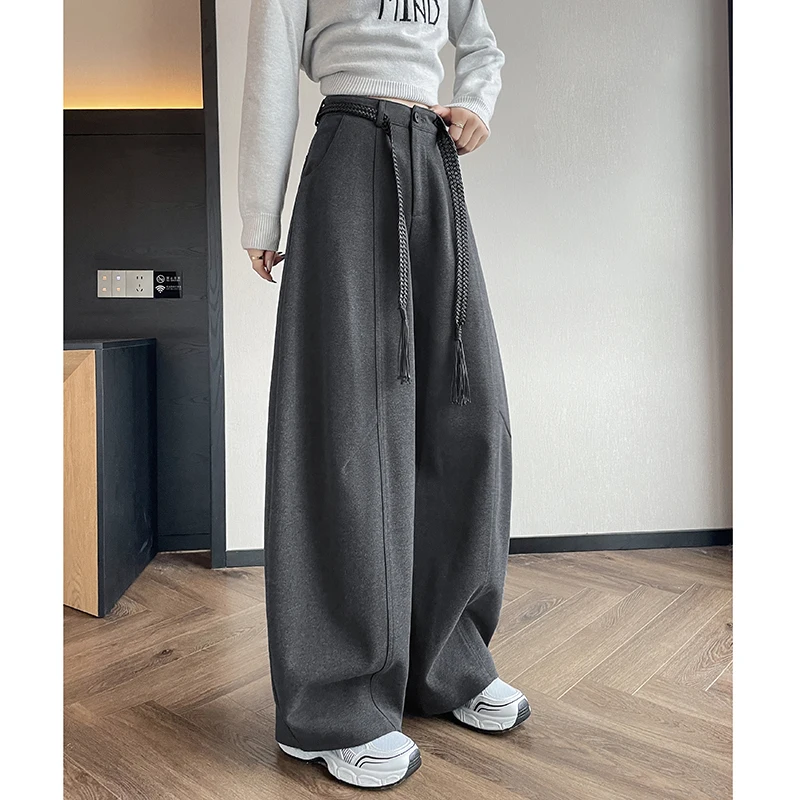 Damskie wełniane spodnie jesienno-zimowe z wysokim stanem, szerokimi nogawkami, kieszeniami, eleganckie spodnie z paskiem, styl OL, nowość 2025, rozmiary S-XXL