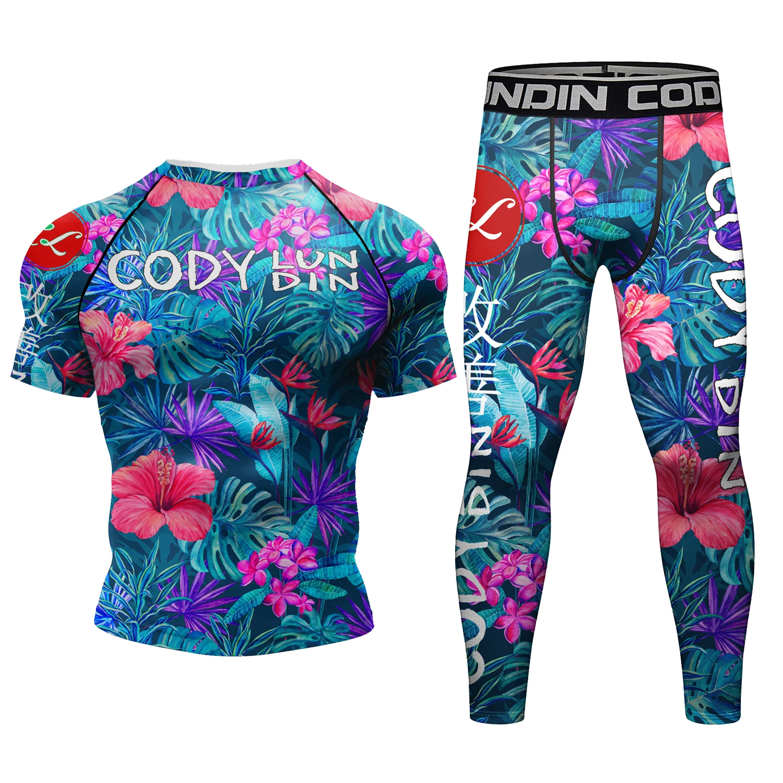Chie Lundin-Camiseta y pantalones de Fitness con estampado de flores para hombre, ropa deportiva para gimnasio, BJJ, boxeo, correr, MMA, Rashguard, Jiu JitsuShorts