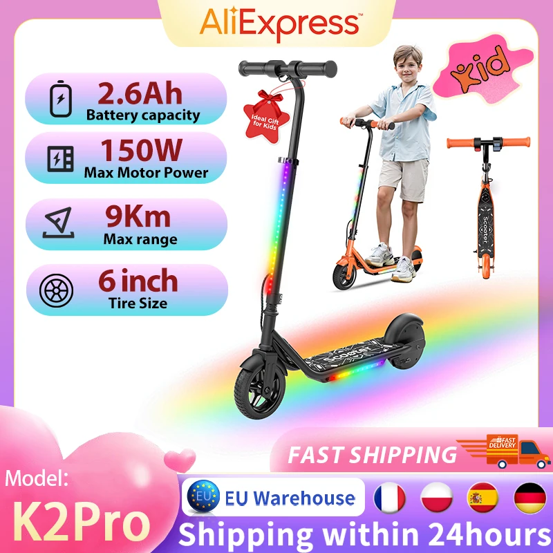 Trottinette électrique K2Pro pour enfants de 6 à 12 ans, 150W, jouet de conduite, 6,5 pouces, 3 vitesses, lumière LED, réglable