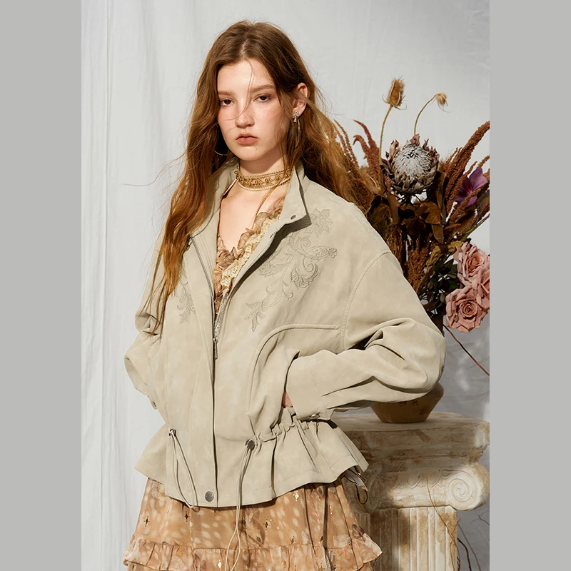 ELFSACK Women's Crop Leather Jacket with Floral Embroidery, Drawstring Waist Stand Collar Outerwear for Daily Casual