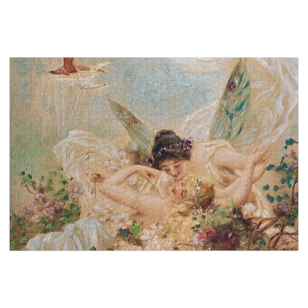 

Two Fairies Embracing in a Landscape with a Swan // Hans Zatzka Jigsaw Puzzle Name Wooden Toy With Personalized Photo Puzzle