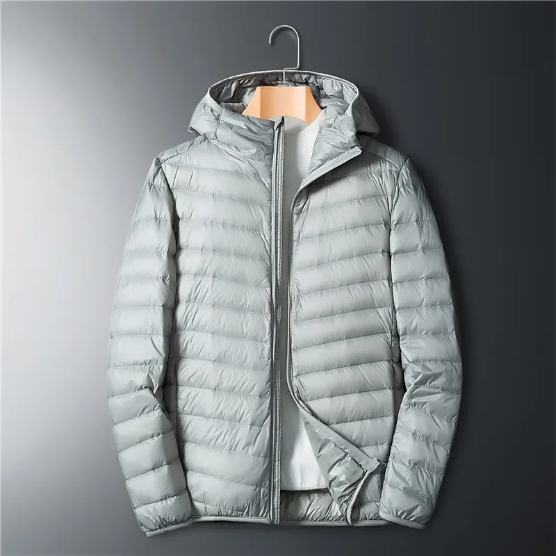 Chaqueta de plumón fino ultraligera para hombre, abrigo cálido de manga larga con capucha de plumón de pato blanco, prendas de vestir portátiles,