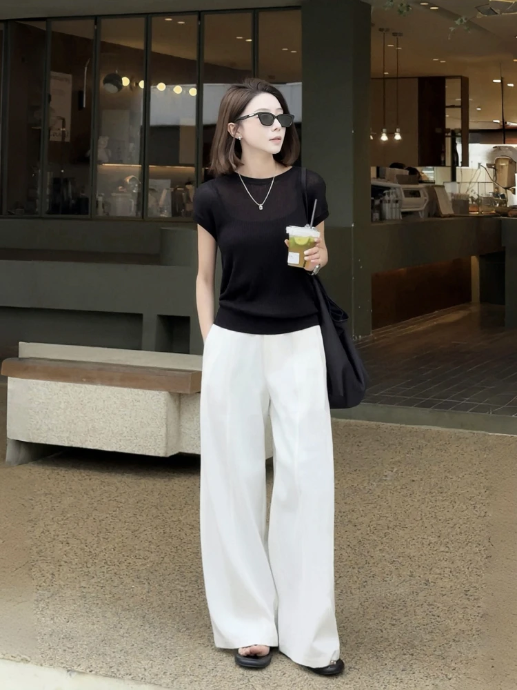 

Zhou Summer Classic Laid-ba Elastic Waist Wide Leg Pants Loose Straight Cut Trousers Versatile Casual Pants for Women