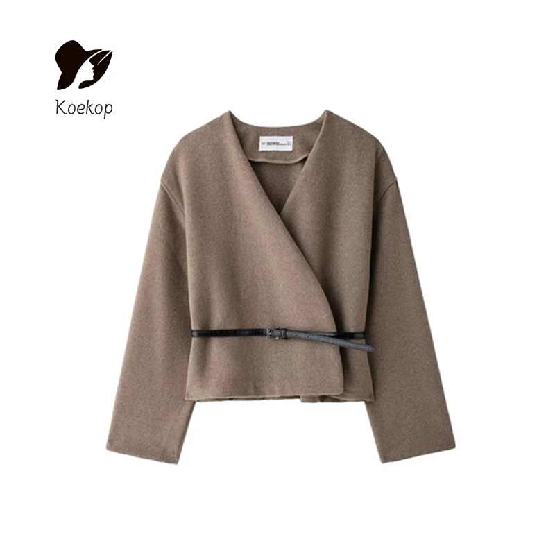 Koekop 2024 Women's Fashion Solid Color Belt Decoration Soft Coat Vintage Casual Women's Chic Lady Jacket