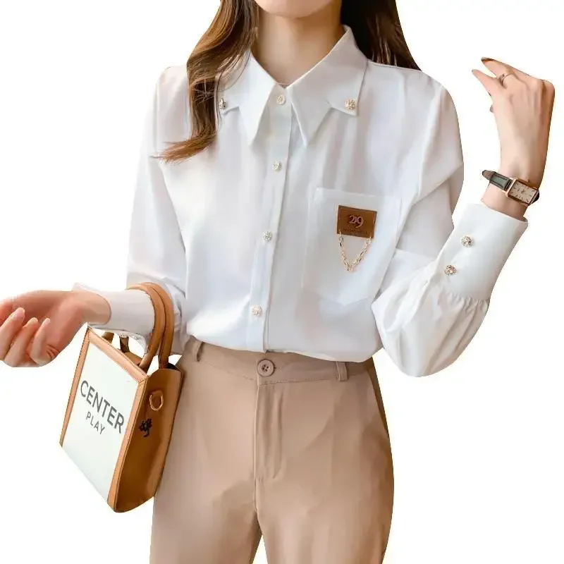 Spring Autumn New White Chiffon Shirt Tops Solid Polo Neck Long Sleeve Korean Youth Blouse Temperament Elegant Women Clothing