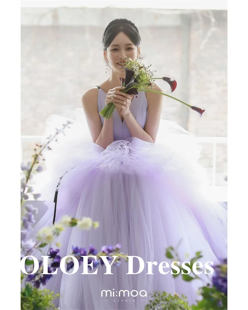 

OLOEY Fairy Lavender Tulle Evening Dresses Korea Wedding Photo shoot Spaghetti Straps Garden Party Prom Gowns Corset Back