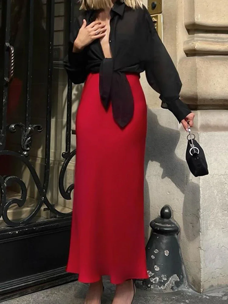 2024 Spring Fashion Women Long Skirts Satin Solid A-line High Waist Sexy Midi Skirt Ladies Elegant Luxury Faldas Female Clothing