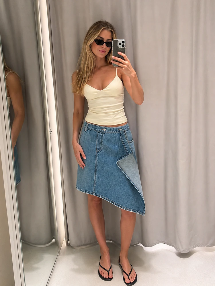 HH Women Chic Deconstructed Denim Skirt Summer High‑Rise Wrap  Layer Design A‑Line Skirt For Casual Office Party Streetwear