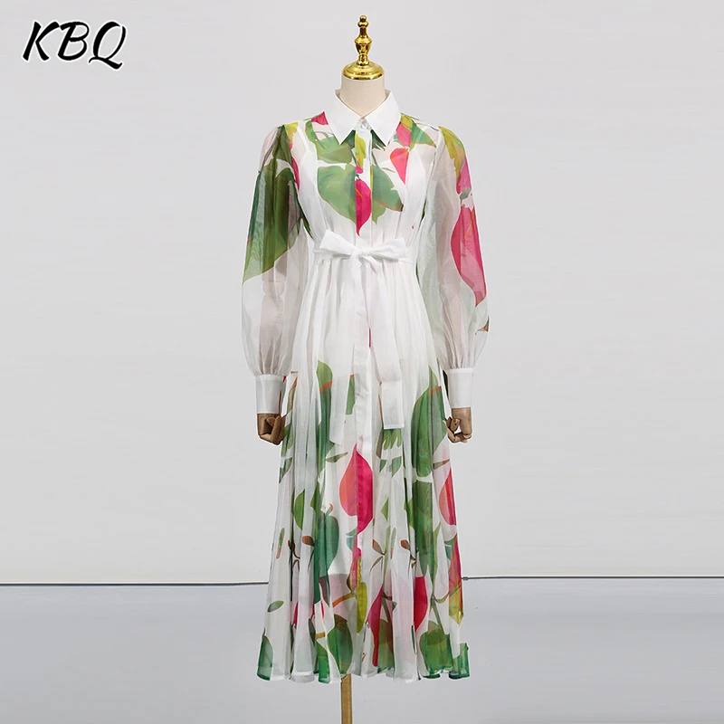 

KBQ Hit Color Printing Slimming Spliced Lace Up Dresses for Women Lapel Long Sleeve High Wiast Temperament Dress Female Fashion