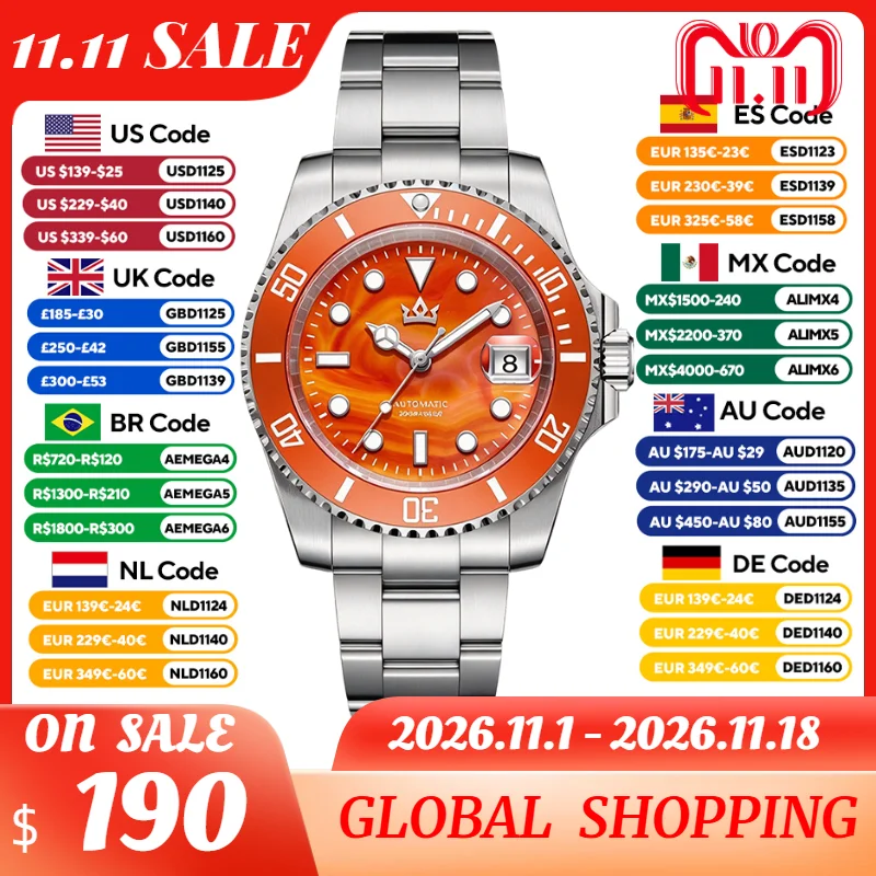 AddiesKin K012 Men's Professional Automatic Dive Watch 200M Water Resistant ST2130 Ceramic Bezel Screw Down Crown Sardonyx Dial