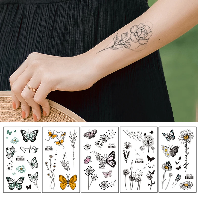 30 Sheets Temporary Tattoo Sticker Waterproof Body Art Line Rose Star Small Fake Tatto Butterfly Flower Hand Tatoo for Women Men