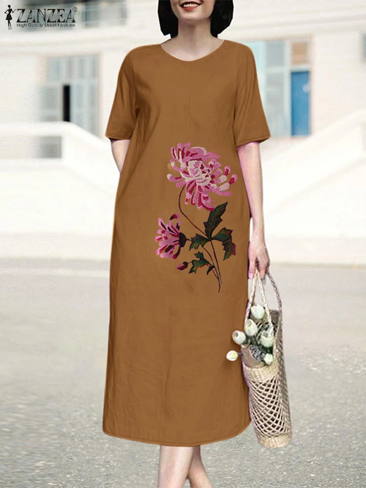 

Women Summer Floral Embroidery Dress 2025 ZANZEA Elegant Short Sleeve Work Dresses Stylish Holiday Party Midi Sundress Vestidos