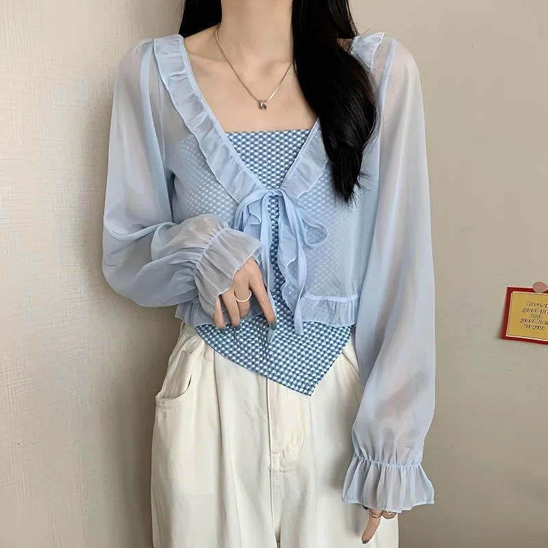 شال صيفي مكشكش بلون شيفون نسائي بأكمام طويلة ورقيق Y2K معطف كيب بوليرو ملابس عباءة تتغاضى عن عطلة 2025 #4