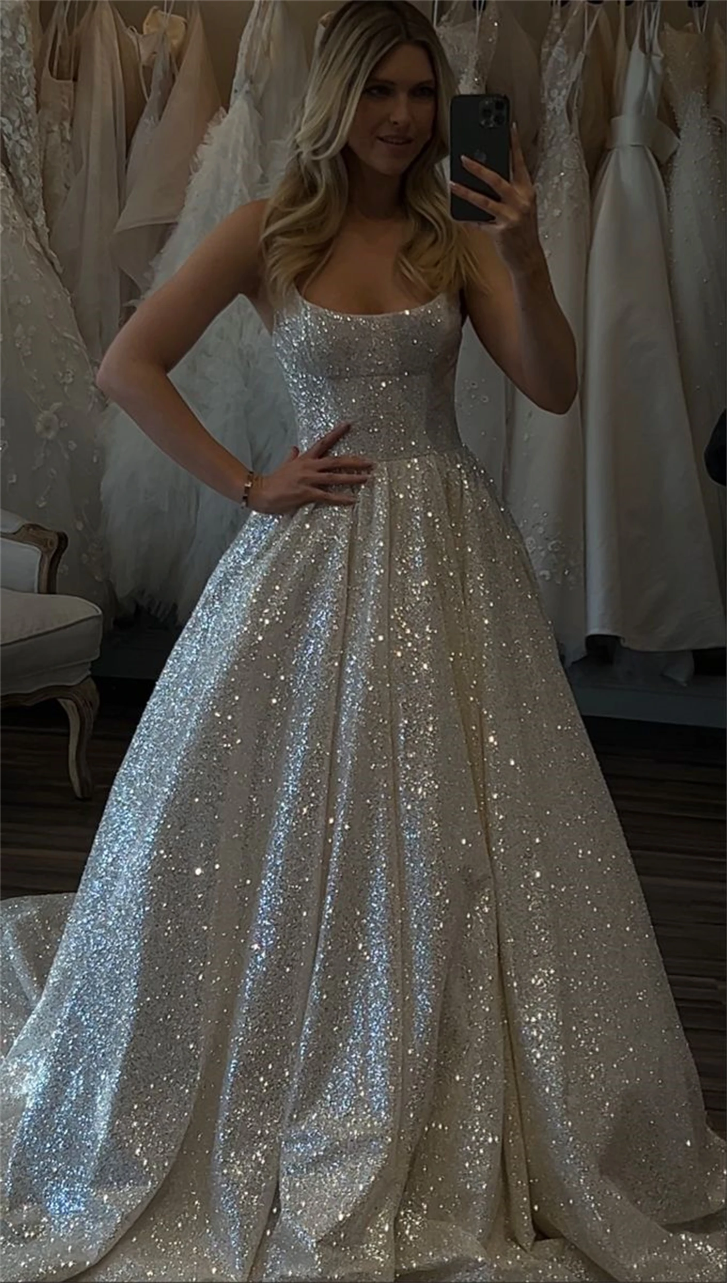 Aileen Shiny Wedding Dresses Boho Customized Sweetheart Sequin Spaghetti Strap A-Line Princess Wedding Bridal Gown suknia slubna