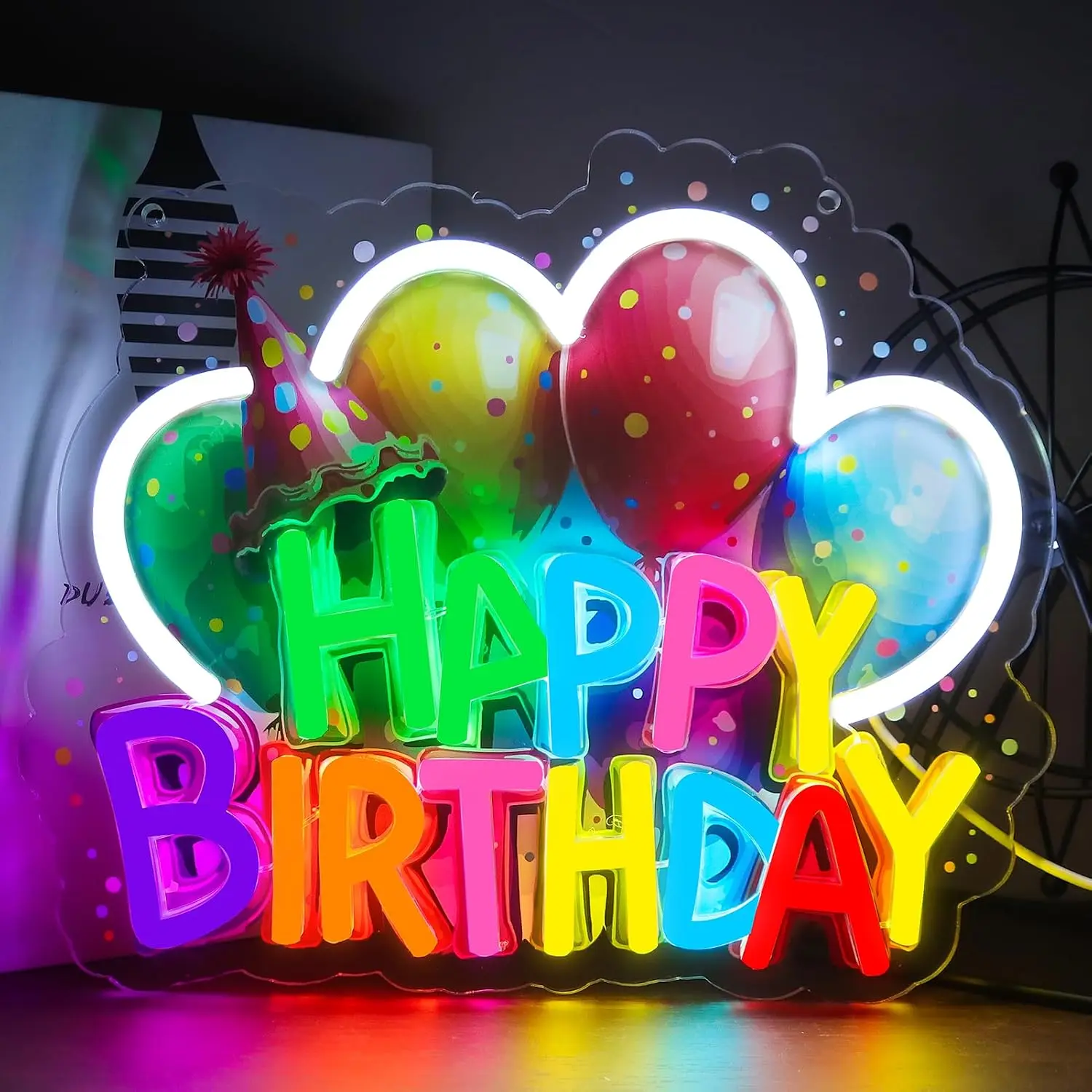 Happy Birthday LED Neon Sign Balloon USB Powered Neon Light Wall Hanging Lamp for Birthday Party Home Bedroom Indoor Decor