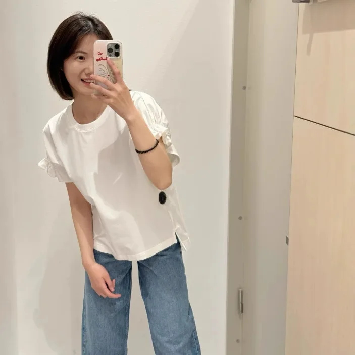 

Gagarich Nordic Style Simple Round Neck Cotton Short Sleeved T-shirt with Loose Casual Cuffs Pleated Design Versatile Pullover