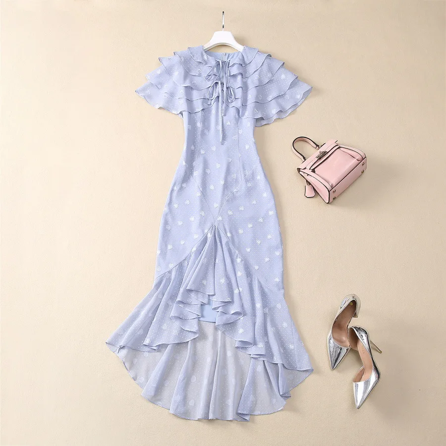 

European and American women's clothing 2025 spring new Lotus sleeves with gold hearts Fashion irregular Fishtail dress XXL