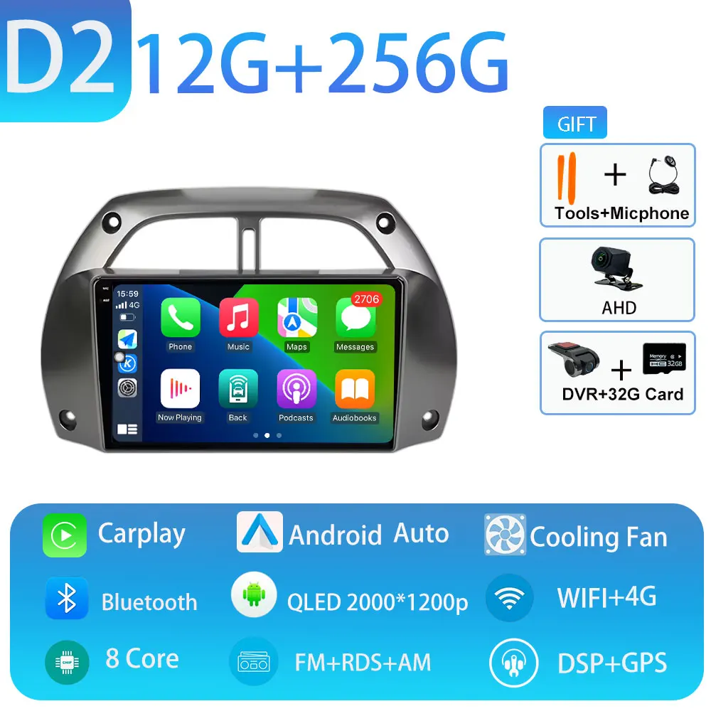 Android 15 voor Toyota RAV4 2001-2005 Draadloze CarPlay Autoradio Video Audio Multimedi Speler Auto BT WIFI 4G 2K QLED Geen 2 din