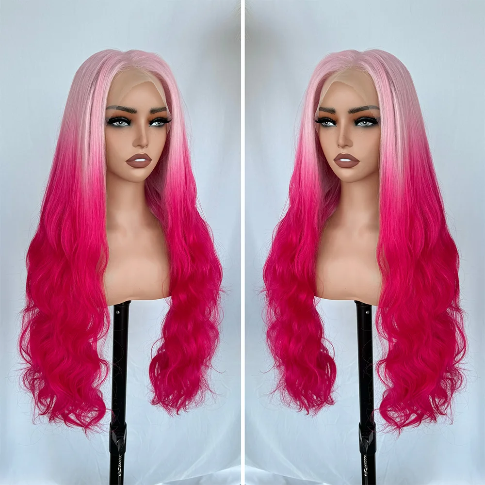 X-TRESS Gradient Pink Synthetic Wigs 13x6 Free Part Transparent Lace Front Wigs Long Natural Wavy Hair for Women Daily Party