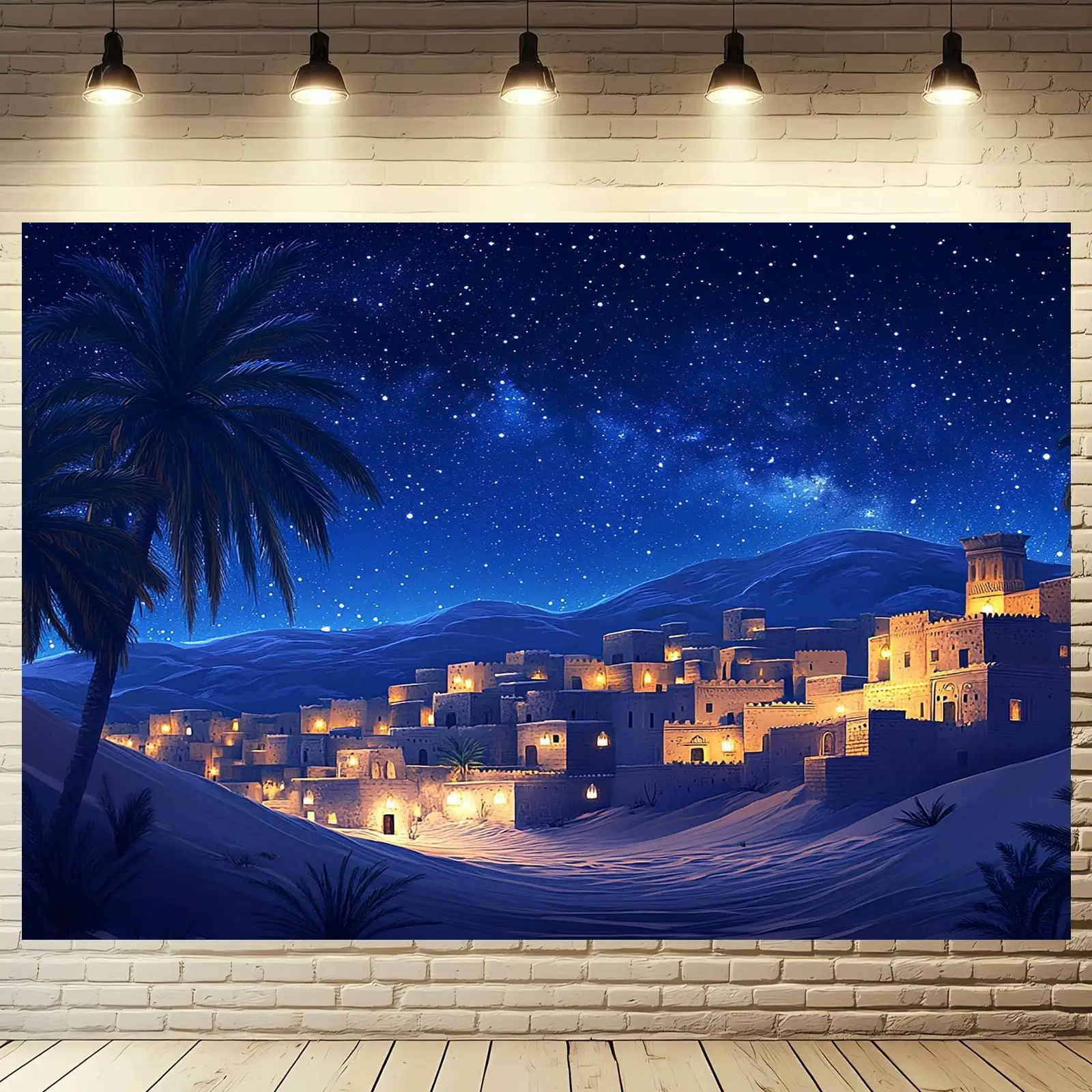 1pc Self-Lit Bethlehem Village Night Scene Backdrop with Glowing Lights & Starry Night - No Electricity Needed, Manger Scene wit