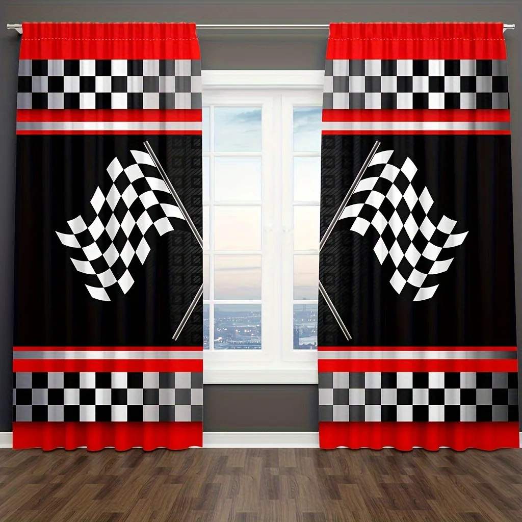 Racing Flag Checkered Blackout Curtains - Red Black Auto Sport Theme Window Drapes for Kids Room Game Room