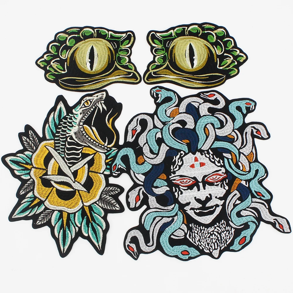 Skull Snake Girl Flower Biker Patches Iron on Embroidery Back Applique Jackets DIY Animal Eyes for Clothing Punk Badge