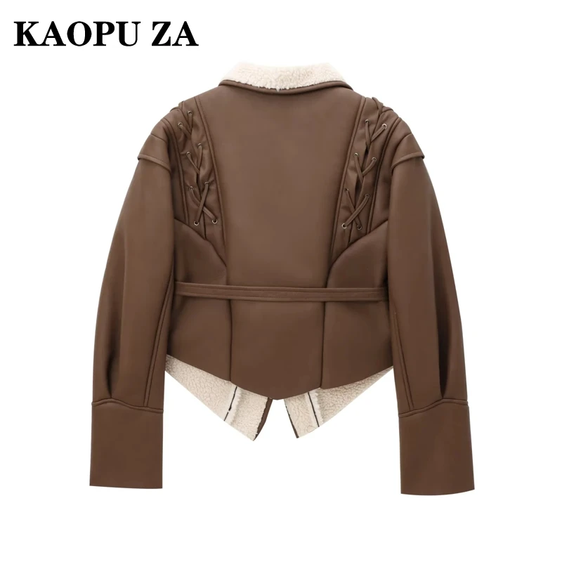 KAOPU ZA 2024 Autumn/Winter Woman's Casual Turn-down Collar belt Solid Color Jacket Coat Female Vintage Long Sleeve Ruffles Top