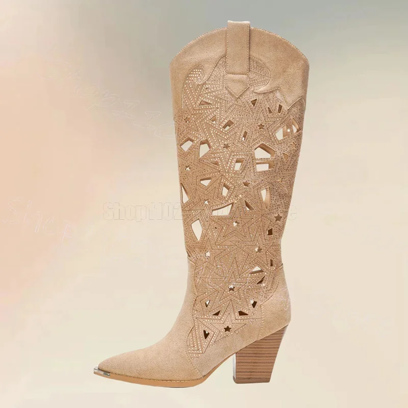 

Brown Rhinestone Hollow Design Pointed Toe Boots Slip On Women Shoes Chunky High Heels Party Banquet 2025 Zapatos Para Mujere