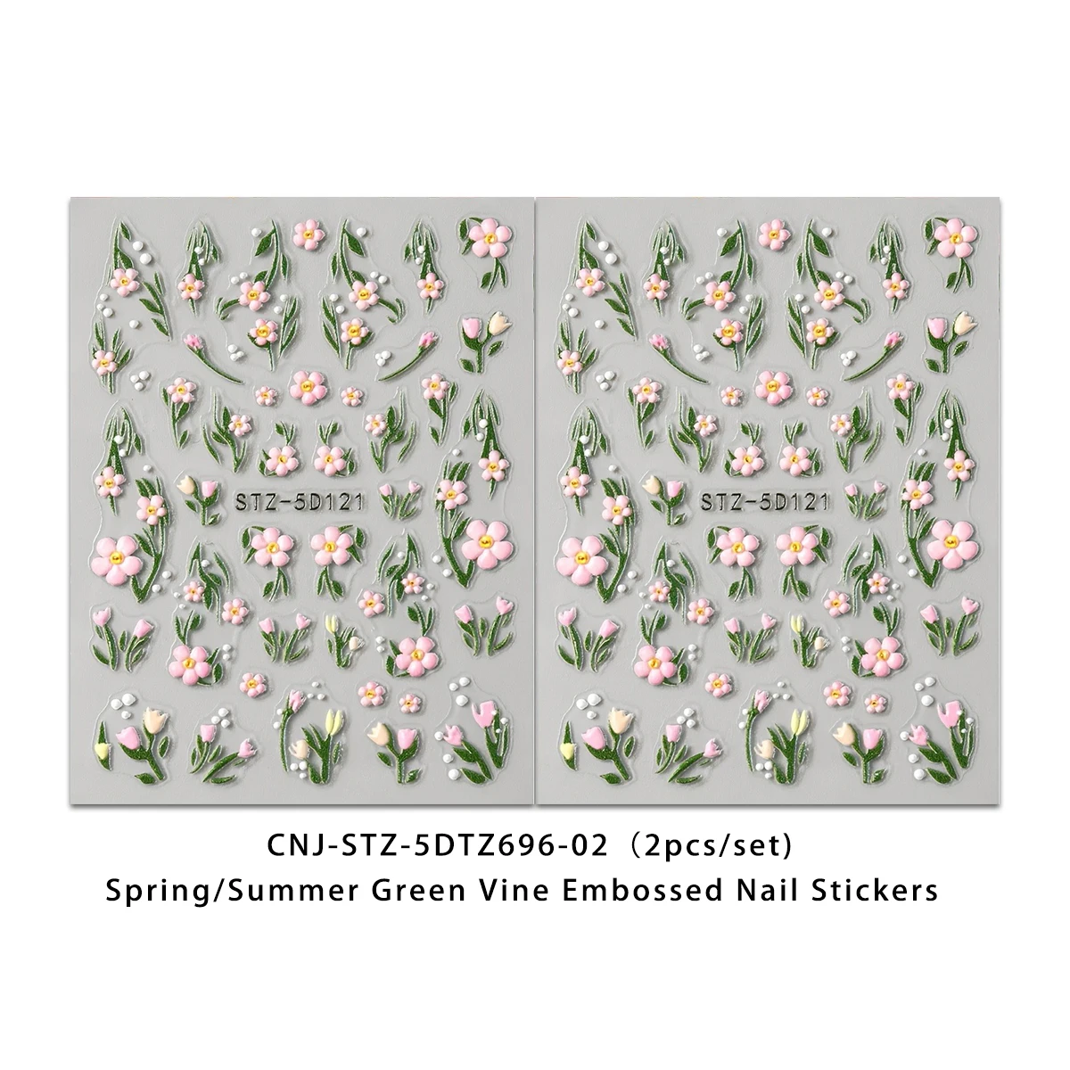 5D Pink Flower Green Vine Nail Art Stickers, French Floral Embossed Decals, DIY Manicure for Spring Summer Wedding Easter