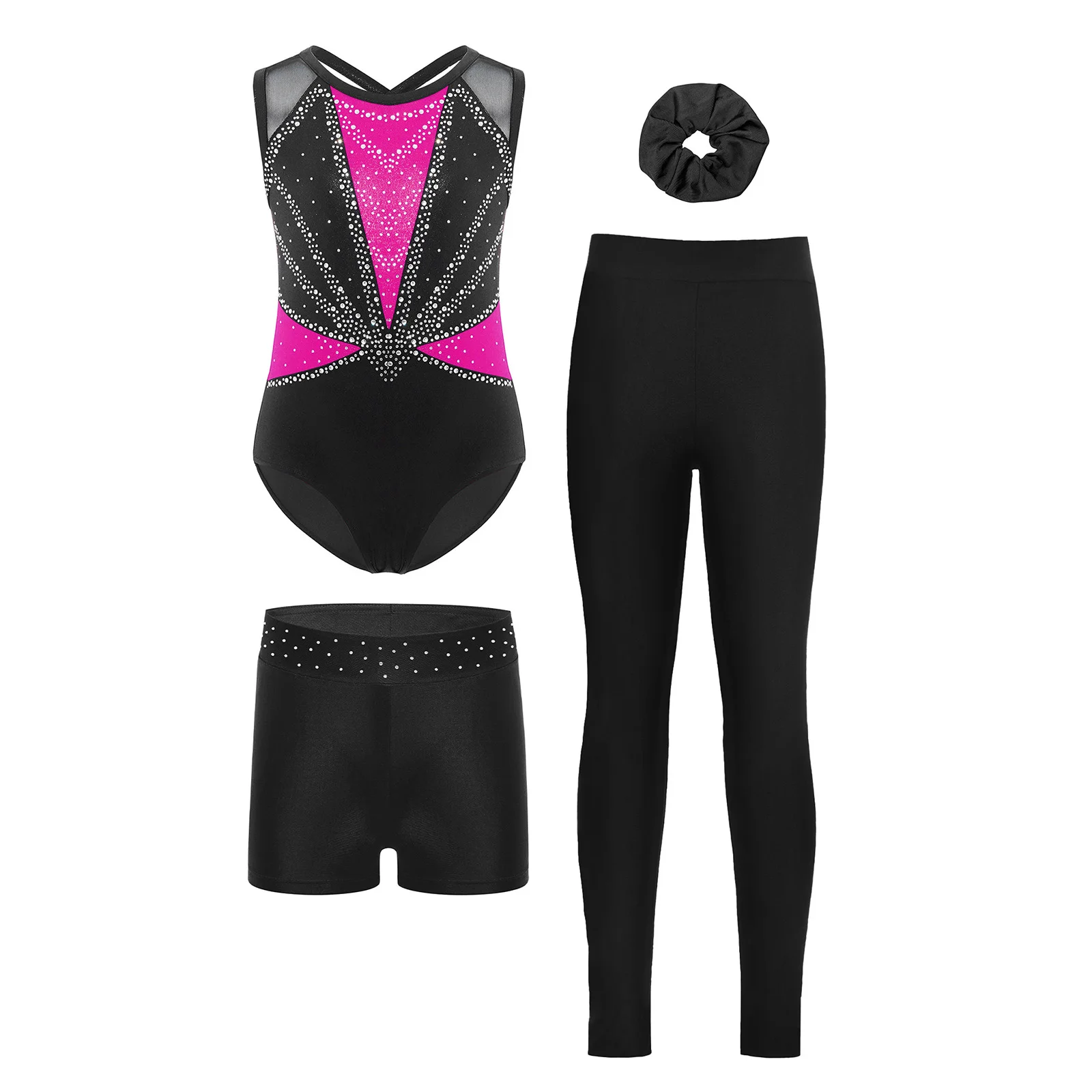 Conjunto de Gimnasia Rítmica, Danza, Ballet y Jazz para Niñas, Leotardos Metálicos sin Mangas con Espalda Cruzada, Brillantes con Pedrería y Bloques de Color