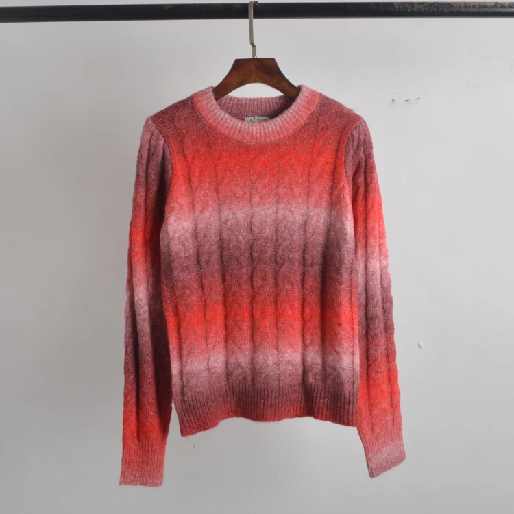 

Женский вязаный топ с круглым вырезом и градиентным окрашиванием из смесовой шерсти, с длинными рукавами, осенне-зимний, новый, модный, для повседневной носки, с полосатым узором