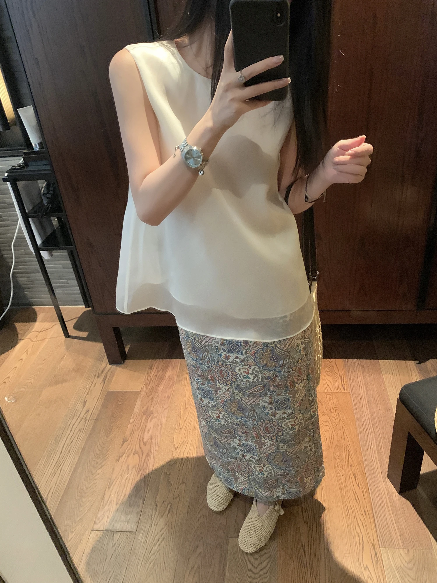 

Ele Double Layer Silk Vest Top Gentle Summer Aosphere Svel Transparent Feel Lady's Summer Faion Outerwear