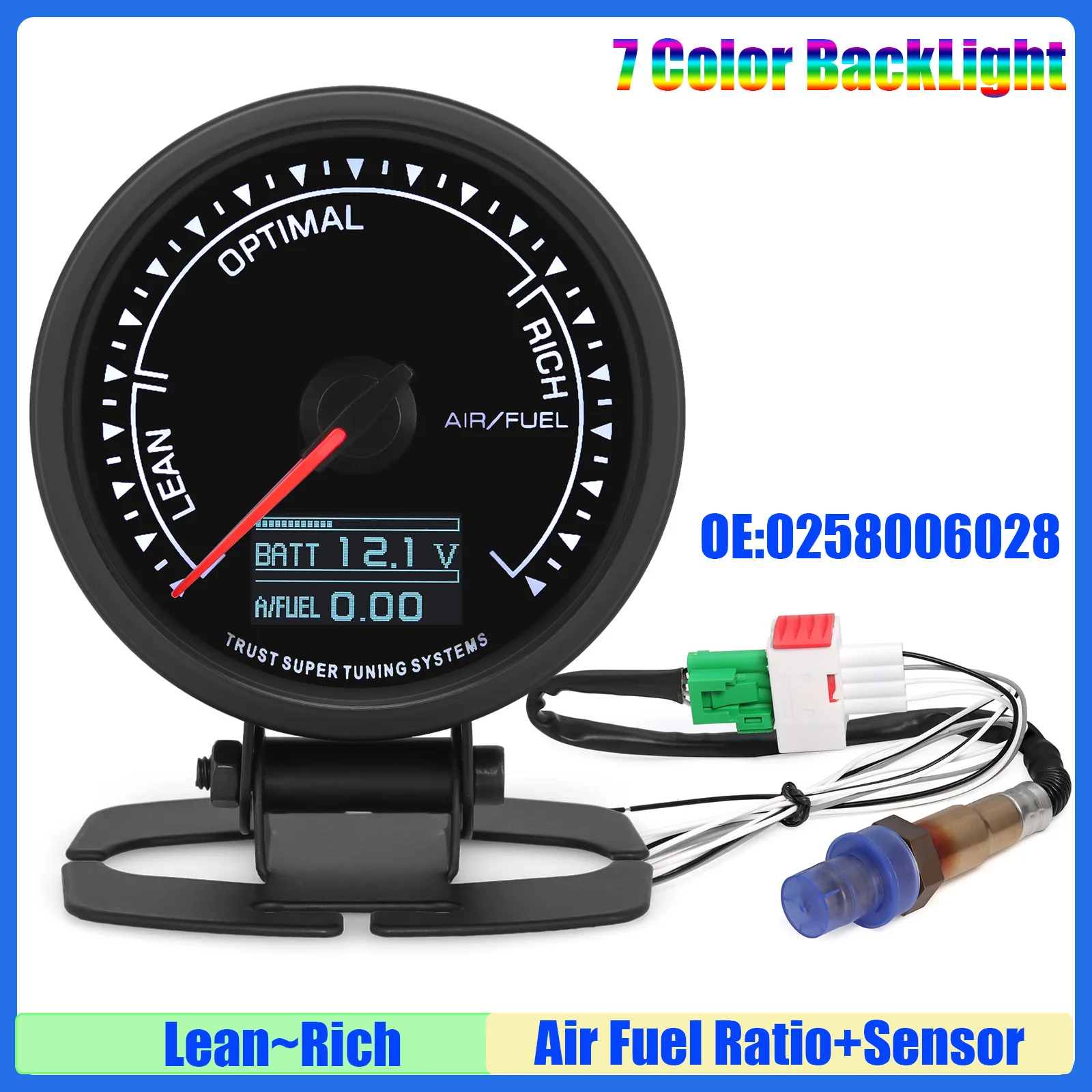 Auto Gasoline Car 7 Color LED Digital 62mm Air Fuel Ratio Lean~Optimal~Rich AFR Gauge for Narrowband O2 Oxygen Sensor 0258006028