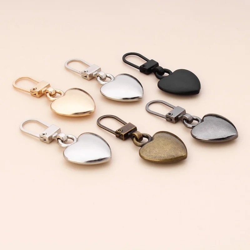 5PCS Sewing Zippers Puller Head Heart Shape Detachable Metal Zipper Slider Repair Kits For Bags Backpack Coat Zipper Pull Tab